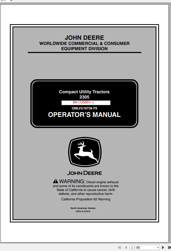 John Deere Compact Utility Tractors 2305 SN 120001 Operators Manual OMLVU16738 F9 2009 1