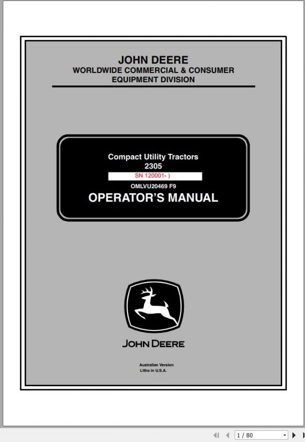 John Deere Compact Utility Tractors 2305 SN 120001 Operators Manual OMLVU20469 F9 2009 1