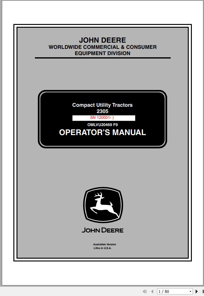 John Deere Compact Utility Tractors 2305 SN 120001 Operators Manual OMLVU20469 F9 2009 1