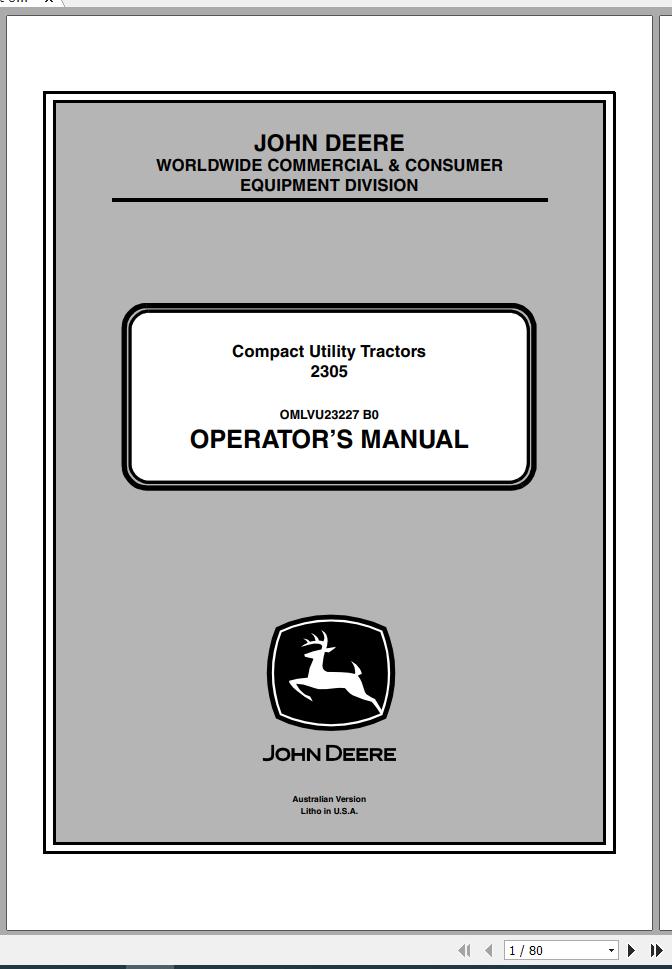 John Deere Compact Utility Tractors 2305 SN 120001 Operators Manual OMLVU23227 B0 2010 1