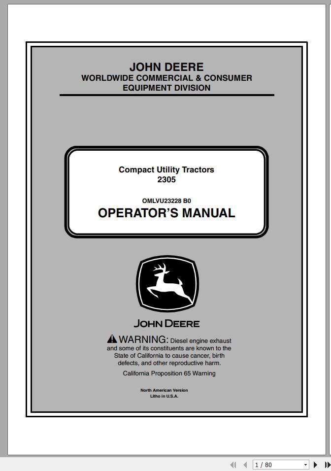 John Deere Compact Utility Tractors 2305 SN 120001 Operators Manual OMLVU23228 B0 2010 1