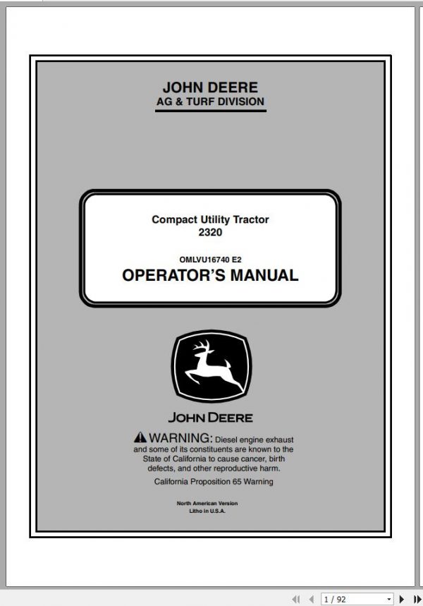 John Deere Compact Utility Tractors 2320 SN 102001 Operators Manual OMLVU16740 E2 2012 1