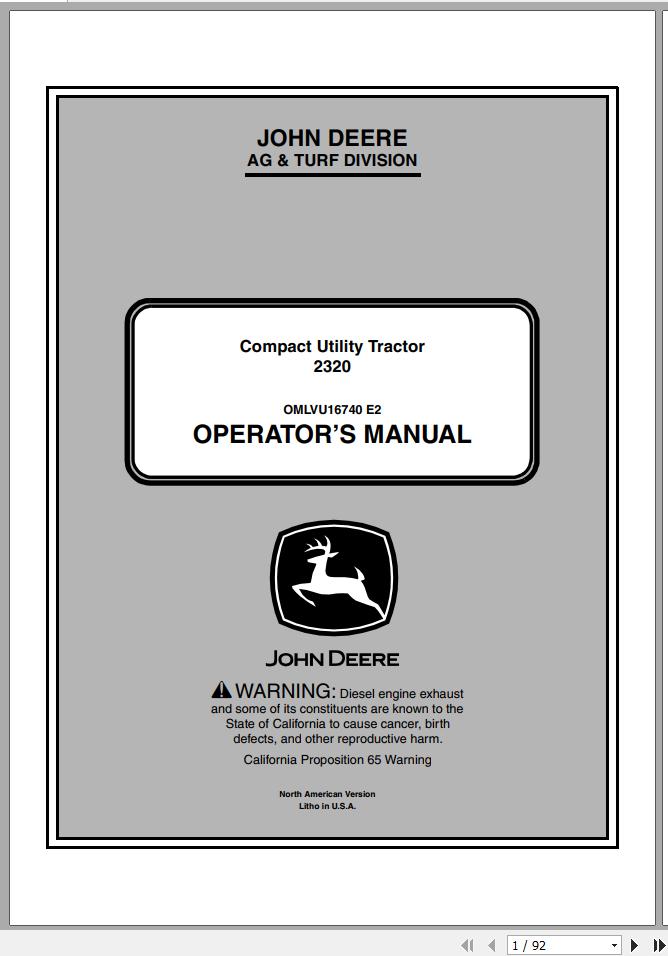 John Deere Compact Utility Tractors 2320 SN 102001 Operators Manual OMLVU16740 E2 2012 1