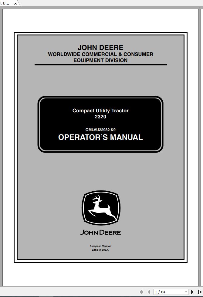John Deere Compact Utility Tractors 2320 SN 102001 Operators Manual OMLVU22982 K9 2009 1