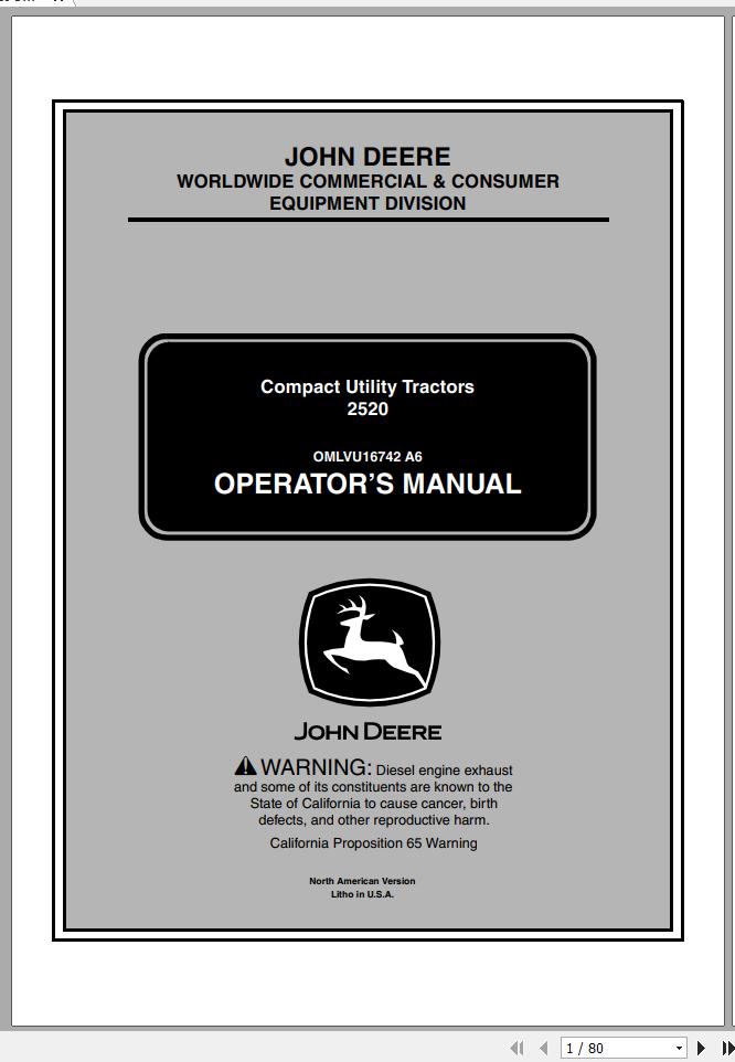John Deere Compact Utility Tractors 2520 SN 106001 Operators Manual OMLVU16742 A6 2006 1