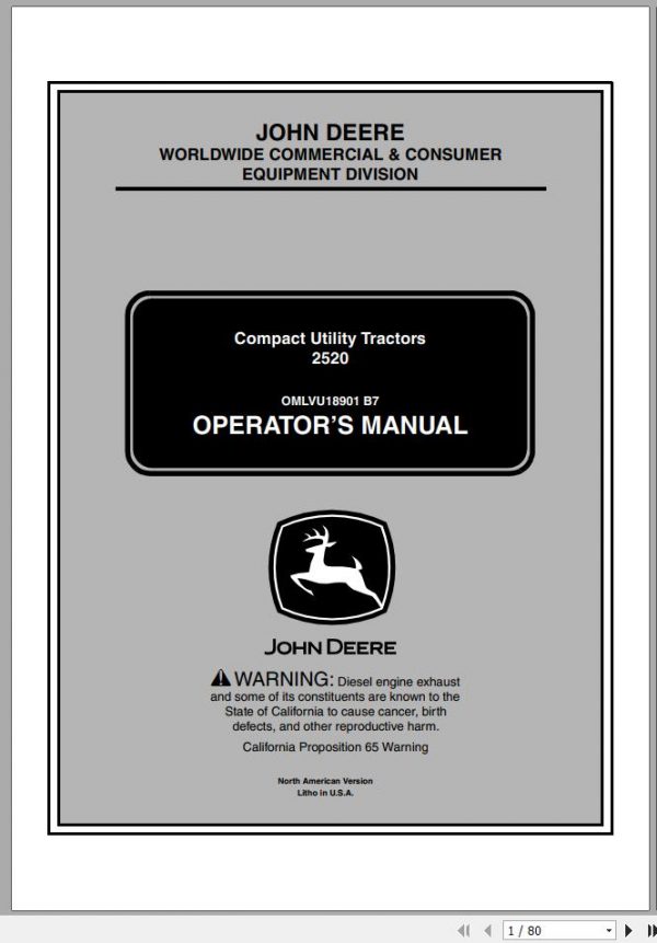 John Deere Compact Utility Tractors 2520 SN 106001 Operators Manual OMLVU18901 B7 2007 1