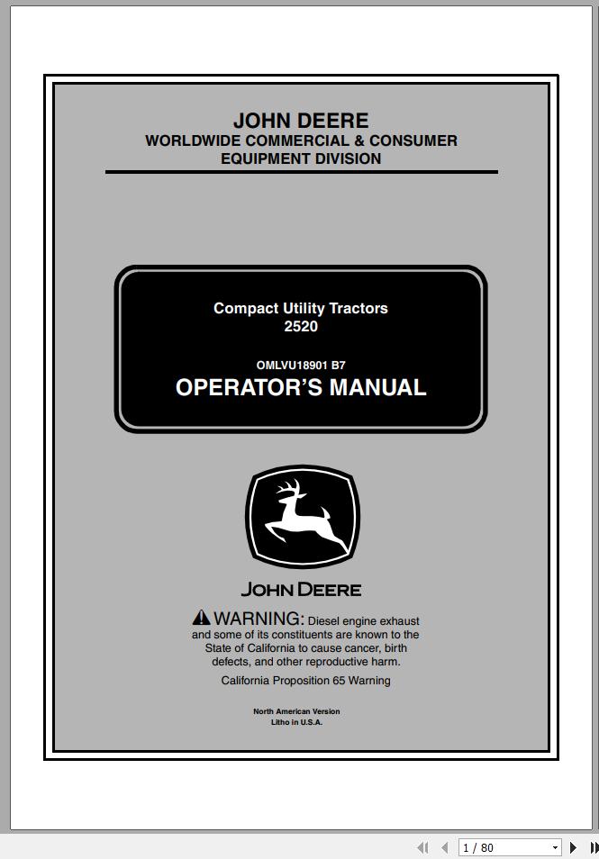 John Deere Compact Utility Tractors 2520 SN 106001 Operators Manual OMLVU18901 B7 2007 1