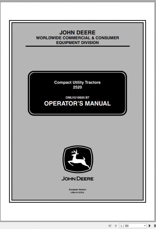 John Deere Compact Utility Tractors 2520 SN 106001 Operators Manual OMLVU18920 B7 2007 1