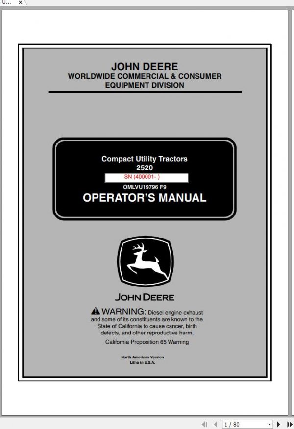 John Deere Compact Utility Tractors 2520 SN 400001 Operators Manual OMLVU19796 F9 2009 1