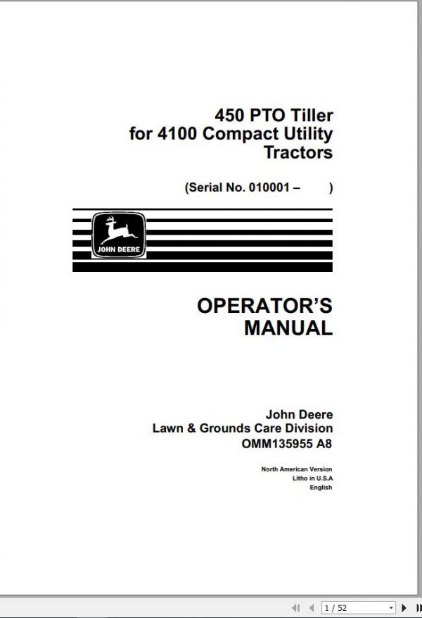 John Deere Compact Utility Tractors 450 PTO Tiller 4100 SN 010001 Operators Manual OMM135955 A8 1