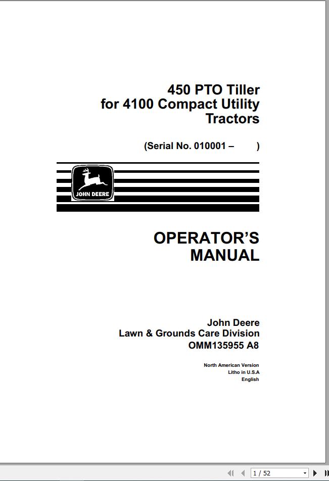 John Deere Compact Utility Tractors 450 PTO Tiller 4100 SN 010001 Operators Manual OMM135955 A8 1