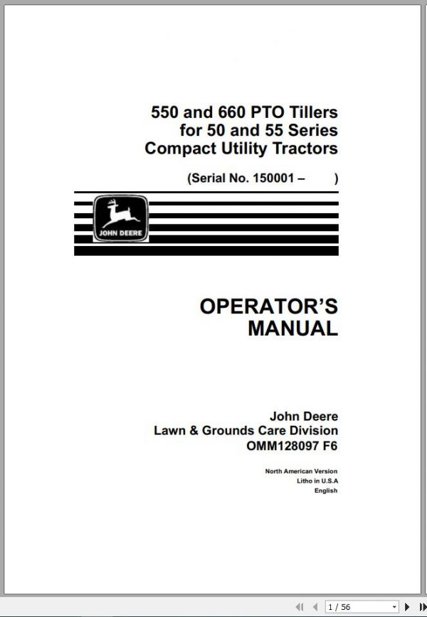John Deere Compact Utility Tractors 550 660 PTO Tillers 50 55 Operators Manual OMM128097 F6 1