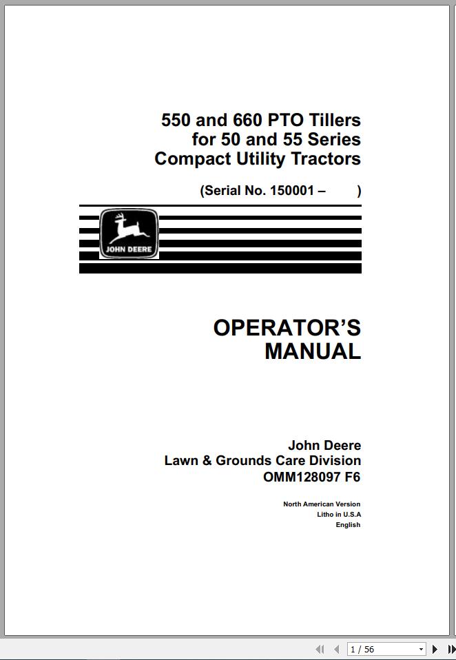 John Deere Compact Utility Tractors 550 660 PTO Tillers 50 55 Operators Manual OMM128097 F6 1