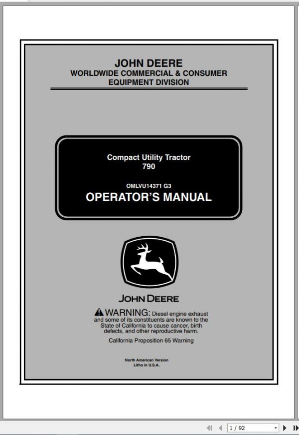 John Deere Compact Utility Tractors 790 SN 592446 Operators Manual OMLVU14371 G3 2002 1