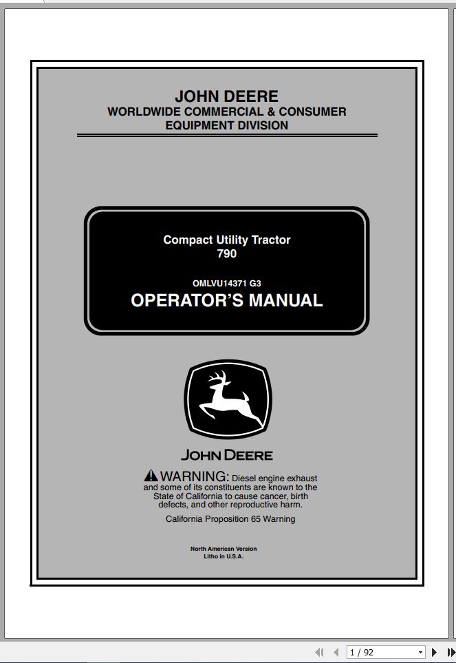 John Deere Compact Utility Tractors 790 SN 592446 Operators Manual OMLVU14371 G3 2002 1