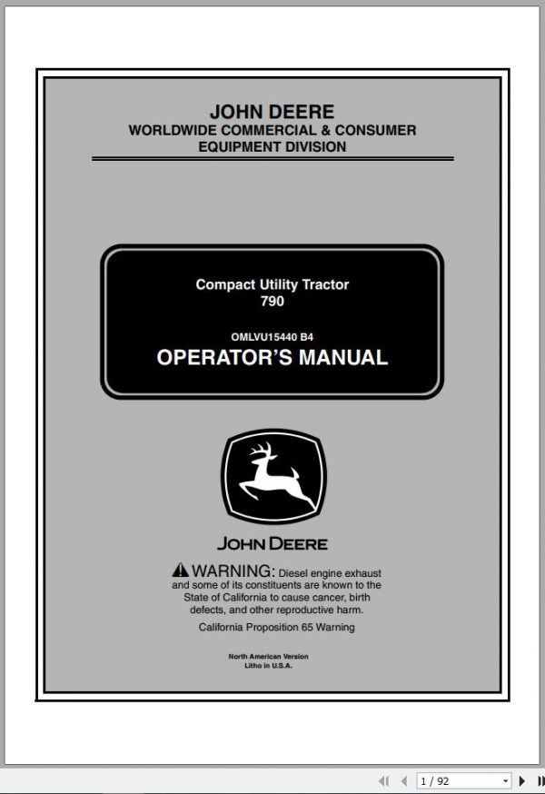 John Deere Compact Utility Tractors 790 SN 790001 Operators Manual OMLVU15440 B4 2004 1