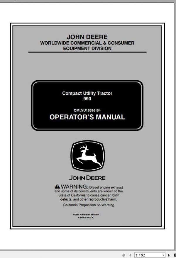 John Deere Compact Utility Tractors 990 SN 590001 Operators Manual OMLVU16396 B4 2004 1