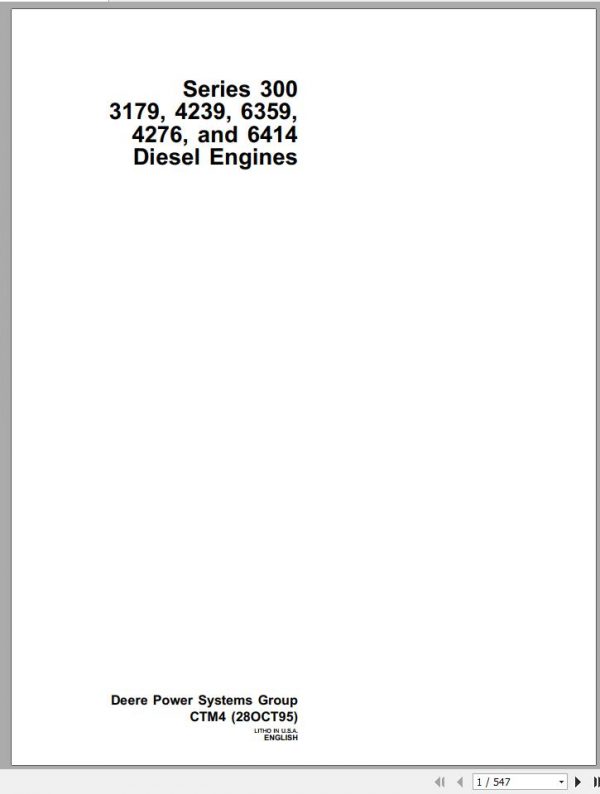 John Deere Diesel Engine 3179 4239 6359 4276 6414 Series 300 Technical Manual CTM4 1