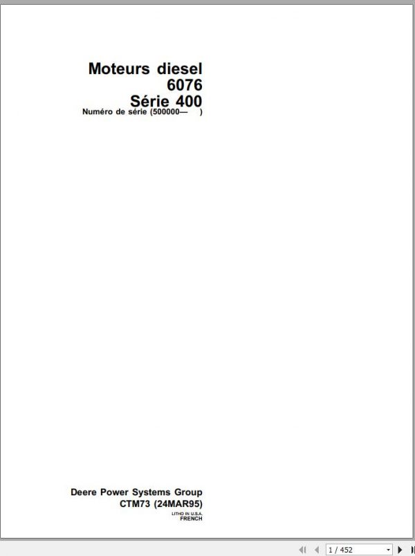 John Deere Diesel Engine 6076 Series 400 Technical Manual CTM73 FR 1