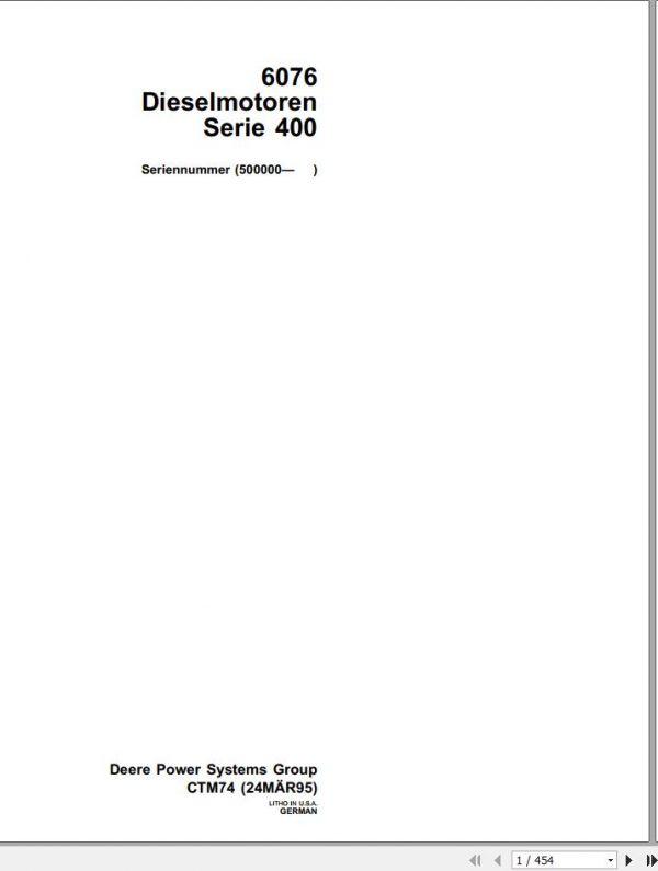 John Deere Diesel Engine 6076 Series 400 Technical Manual CTM74 DE 1
