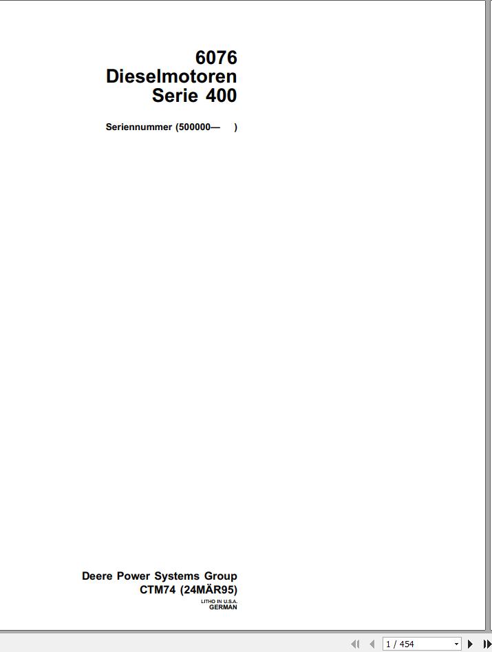 John Deere Diesel Engine 6076 Series 400 Technical Manual CTM74 DE 1