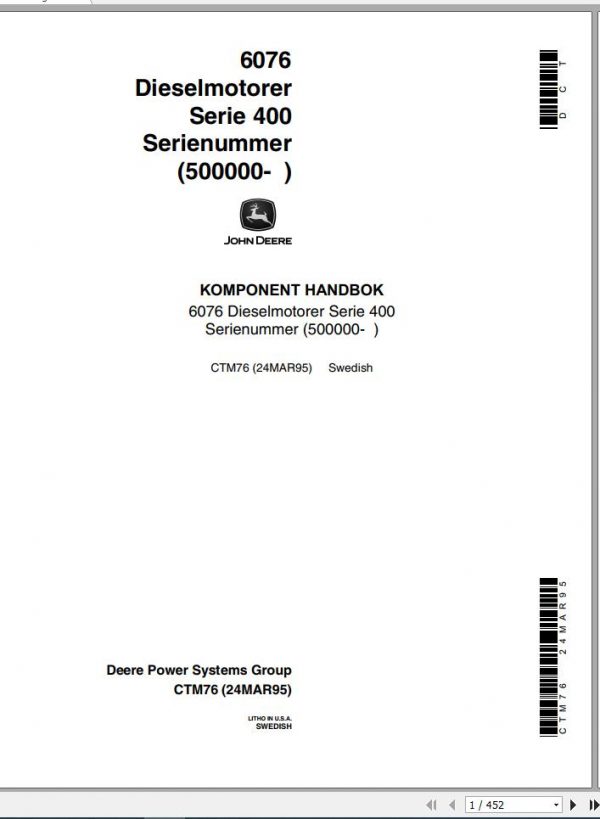 John Deere Diesel Engine 6076 Series 400 Technical Manual CTM76 SW 1
