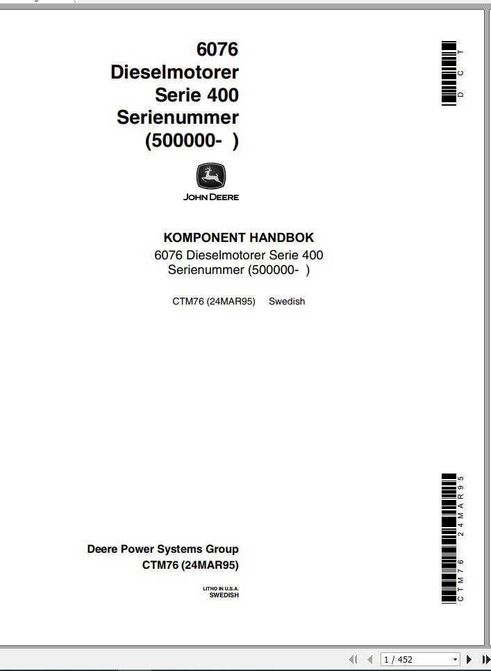 John Deere Diesel Engine 6076 Series 400 Technical Manual CTM76 SW 1