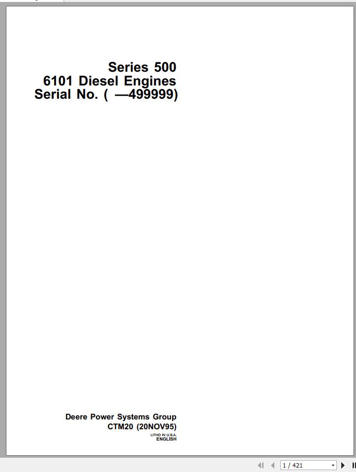 John Deere Diesel Engines 6101 Series 500 Technical Manual CTM20 1