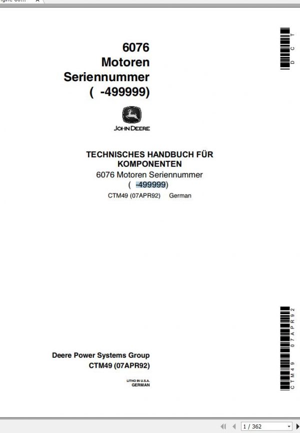 John Deere Engine 6076 Technical Manual CTM49 DE 1