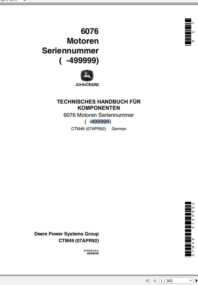 John Deere Engine 6076 Technical Manual CTM49 DE 1