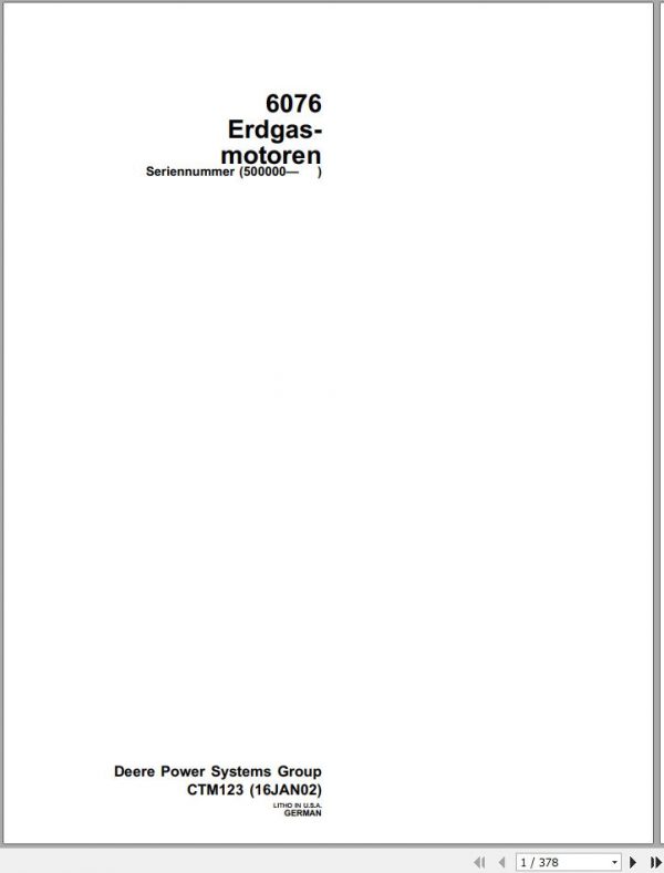John Deere Engine Natural Gas 6076 Technical Manual CTM123 DE 1