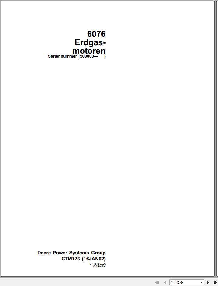 John Deere Engine Natural Gas 6076 Technical Manual CTM123 DE 1