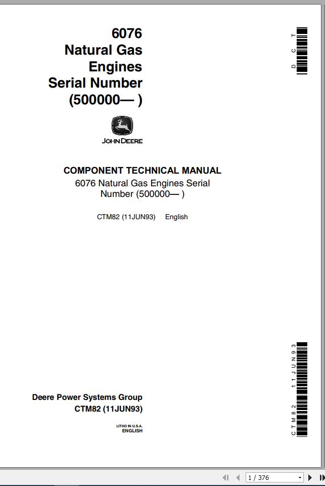 John Deere Engine Natural Gas 6076 Technical Manual CTM82 1