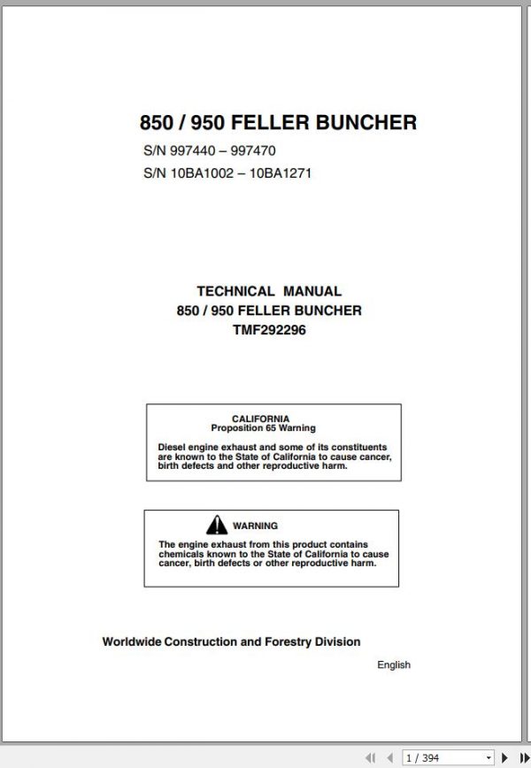 John Deere Feller Buncher 850 950 Technical Manual TMF292296 1
