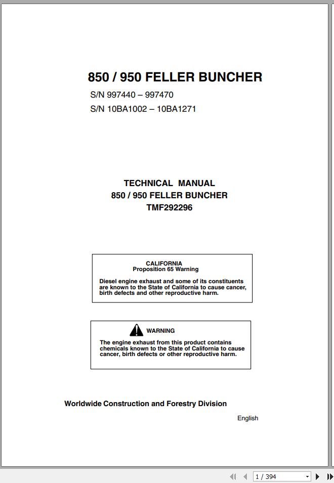 John Deere Feller Buncher 850 950 Technical Manual TMF292296 1