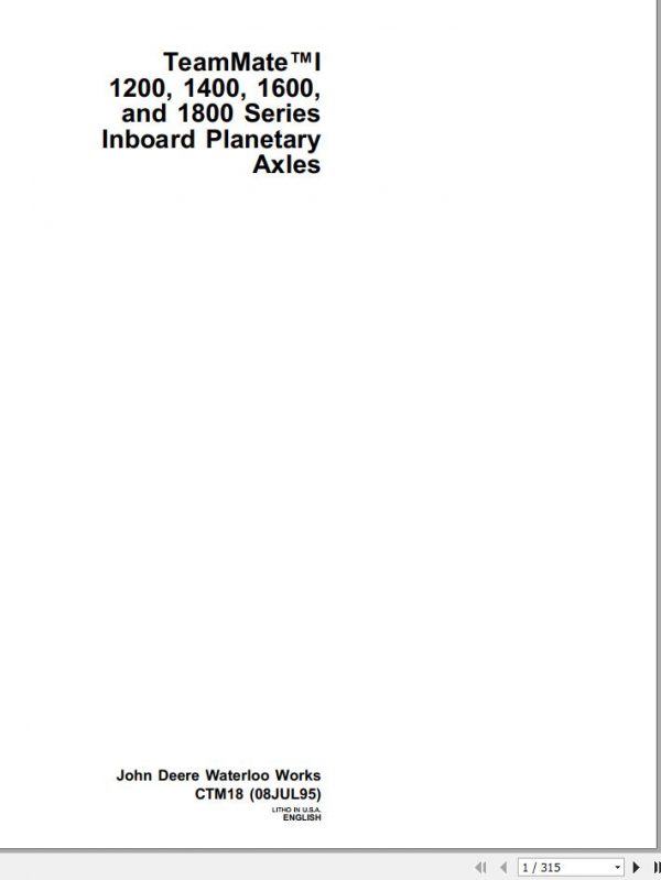 John Deere Inboard Planetary 1200 1400 1600 1800 Technical Manual CTM18 1