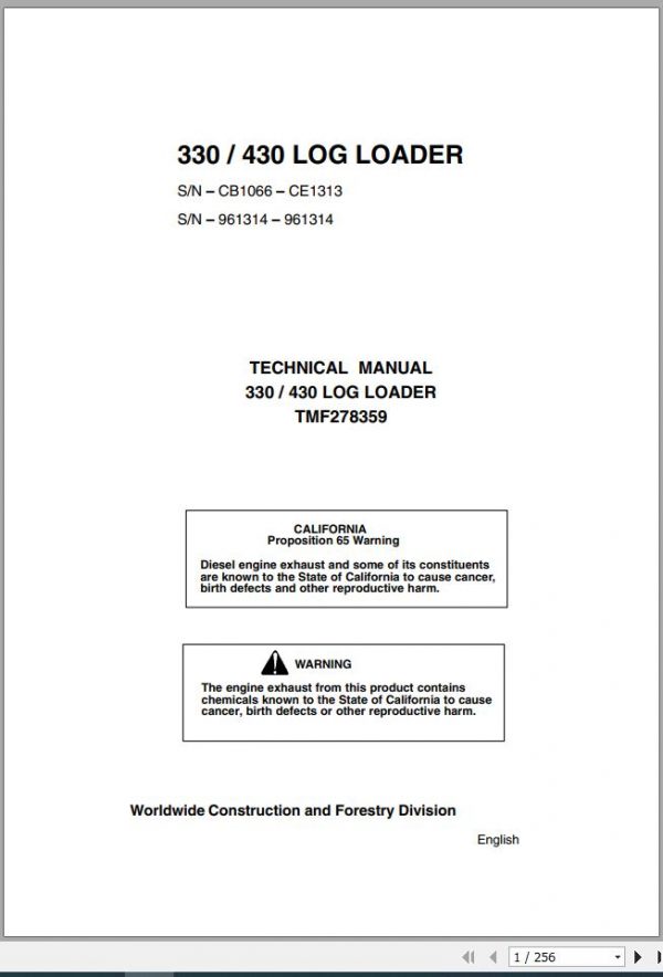 John Deere Log Loader 330 430 Technical Manual TMF278359 1
