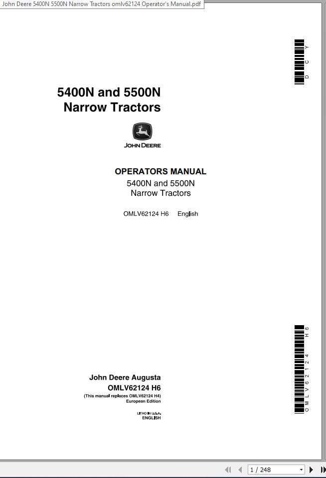 John Deere Narrow Tractors 5400N 5500N Operators Manual OMLV62124 1