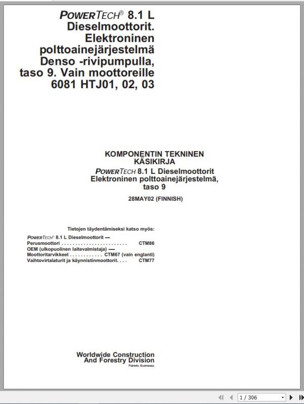 John Deere PowerTech Diesel Engine 8.1L 6081 HTJ01 02 03 Technical Manual CTM295 FIN 2