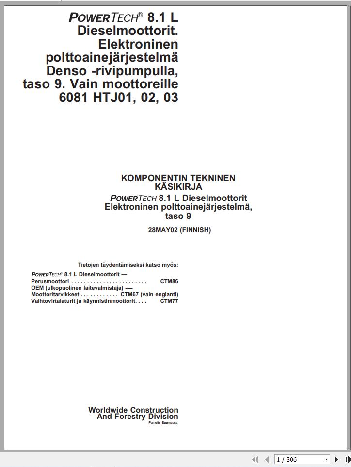 John Deere PowerTech Diesel Engine 8.1L 6081 HTJ01 02 03 Technical Manual CTM295 FIN 2