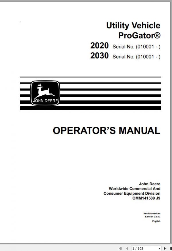 John Deere Utility Vehicle ProGator 2020 2030 SN 010001 Operators Manual OMM141589J9 1