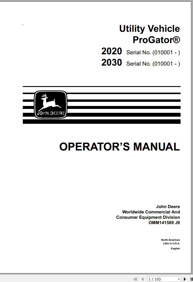 John Deere Utility Vehicle ProGator 2020 2030 SN 010001 Operators Manual OMM141589J9 1