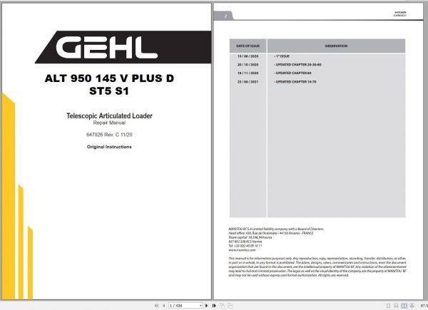 Manitou GEHL Telehandler ALT 950 145 V PLUS D ST5 S1 Repair Manual 647926EN 06 1