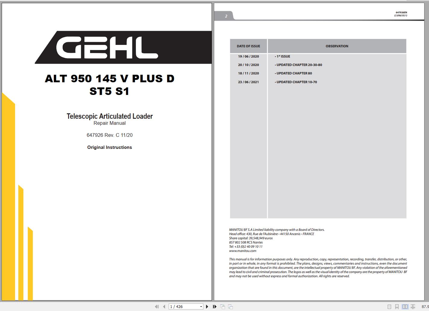 Manitou GEHL Telehandler ALT 950 145 V PLUS D ST5 S1 Repair Manual 647926EN 06 1