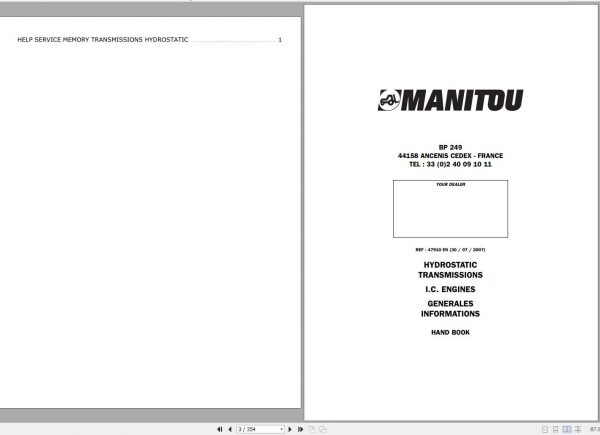 Manitou Hydrostatic Tranmissions I.C Engines Generales Informations Hand Book 47910EN 07 1