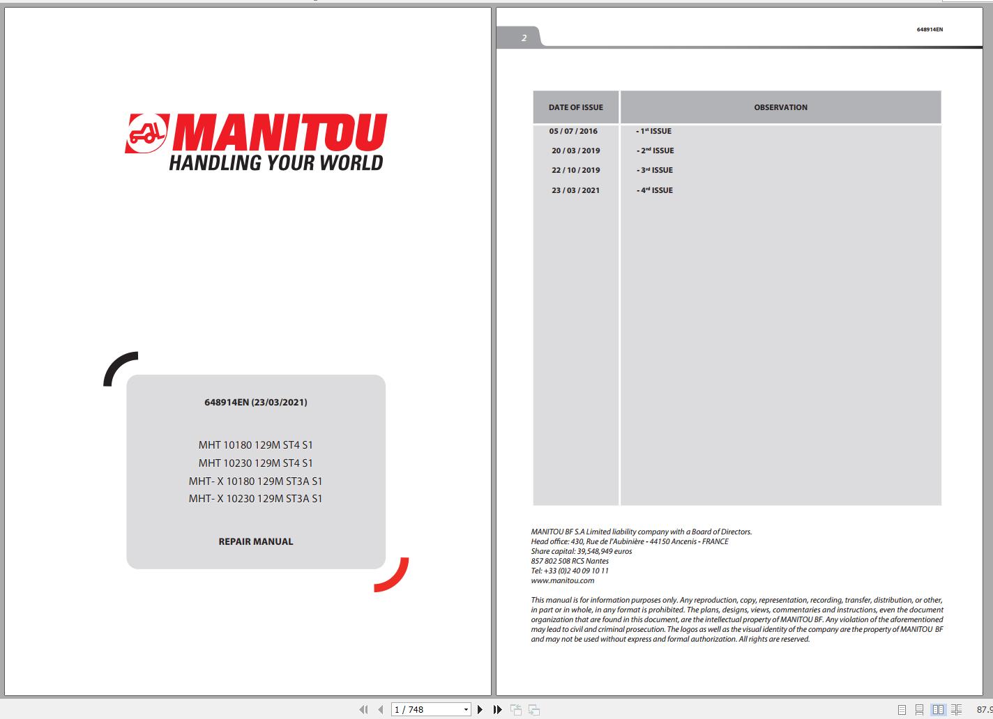 Manitou Telehandler MHT 10180 MHT 10230 MHT X 10180 MHT X 10230 129M Repair Manual 648914EN 03 1