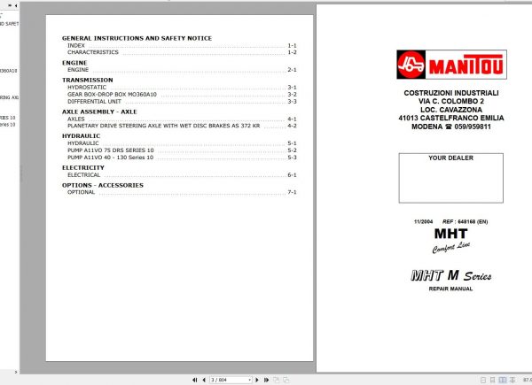 Manitou Telehandler MHT M Series MHT7140 MHT990 MHT10120 MHT10160 Repair Manual 648168EN 11 1