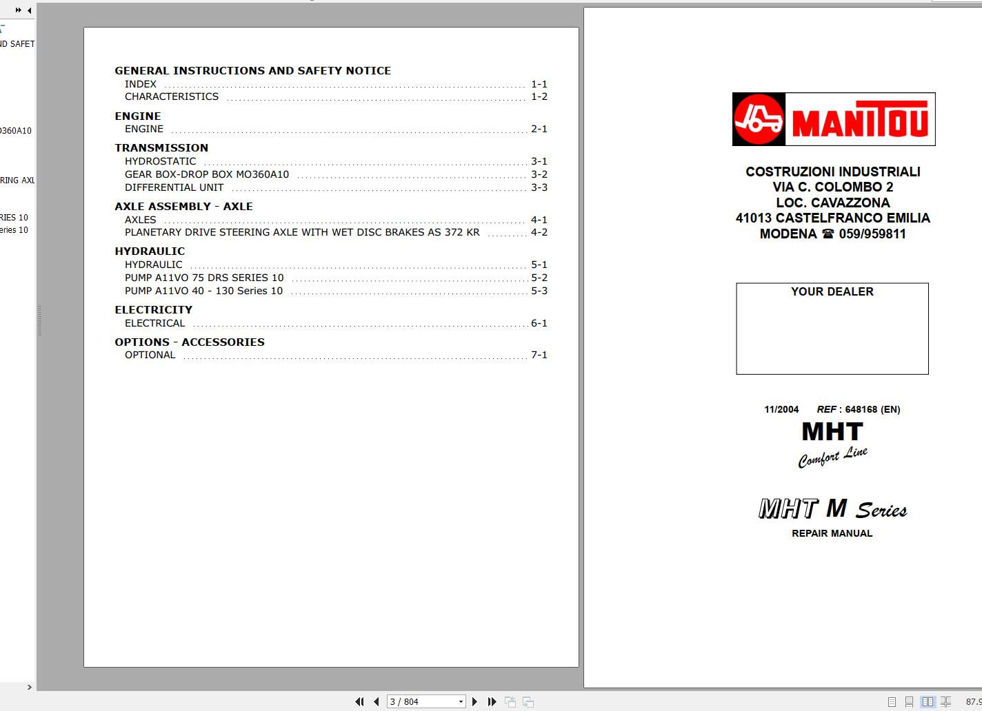Manitou Telehandler MHT M Series MHT7140 MHT990 MHT10120 MHT10160 Repair Manual 648168EN 11 1