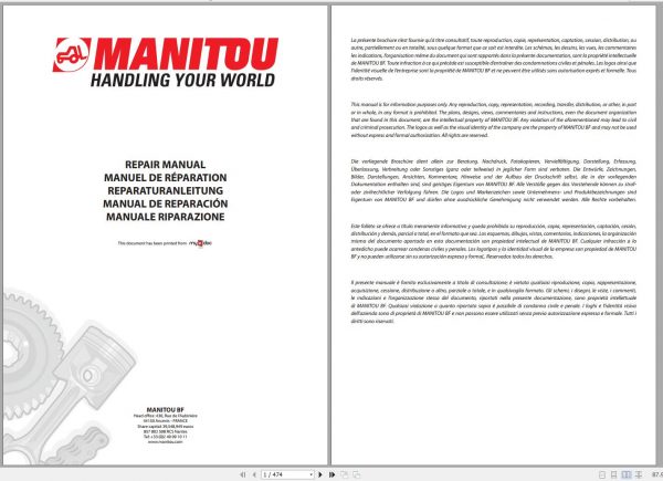 Manitou Telehandler MHT10120 MHT10160 Repair Manual 647370EN 06 1