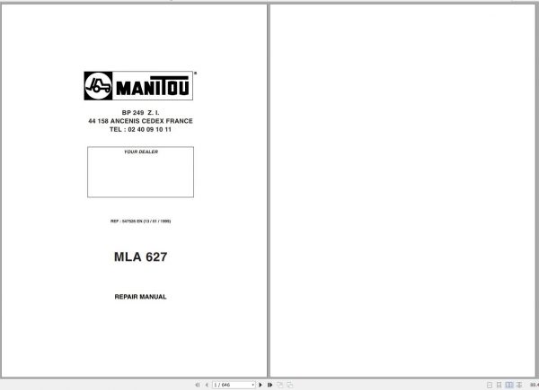 Manitou Telehandler MLA 627 Repair Manual 547526EN 01 1